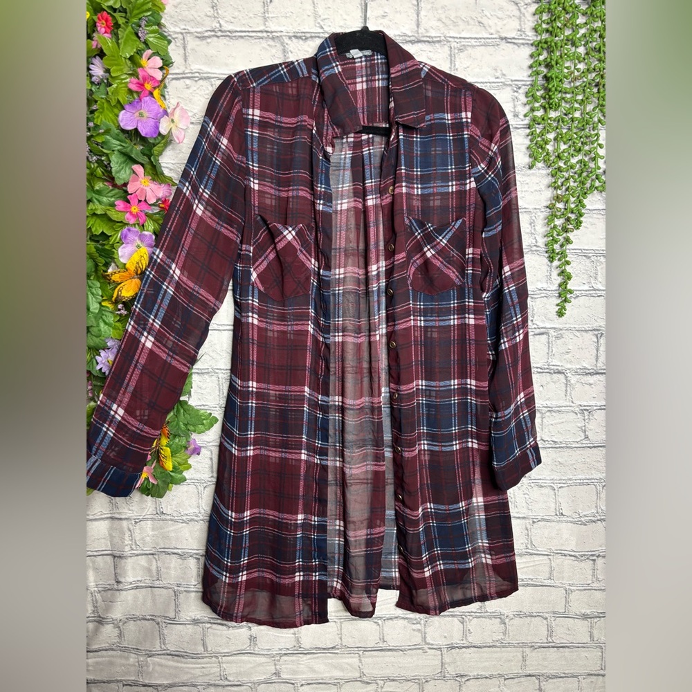 *🌼3/$30🌼Charlotte Russe Plaid Sheer Button Down Top Size Small - Picture 2 of 16